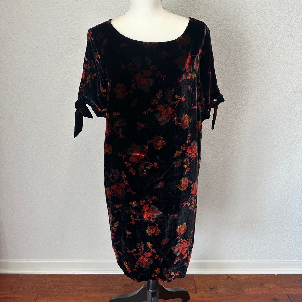 LOFT Black Velvet Dress with Red Floral Pattern